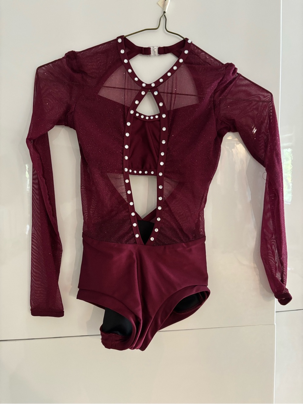 ON THE FLOOR Girls' Burgundy Mesh Long-Sleeve Dance costume  with Stud Trim
